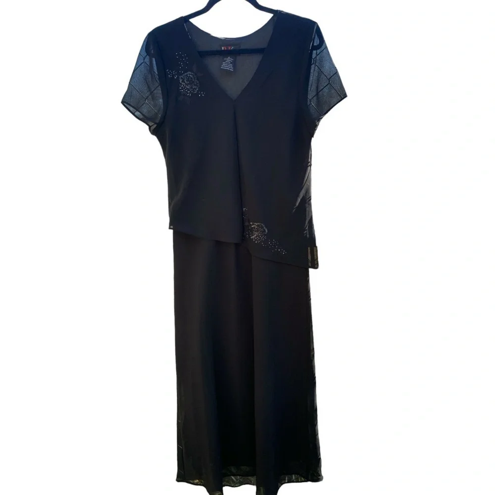 R & K Originals Black Chiffon Dress Sz 12 Short Sleeve Round Neck Sequin Accent - Picture 7 of 12